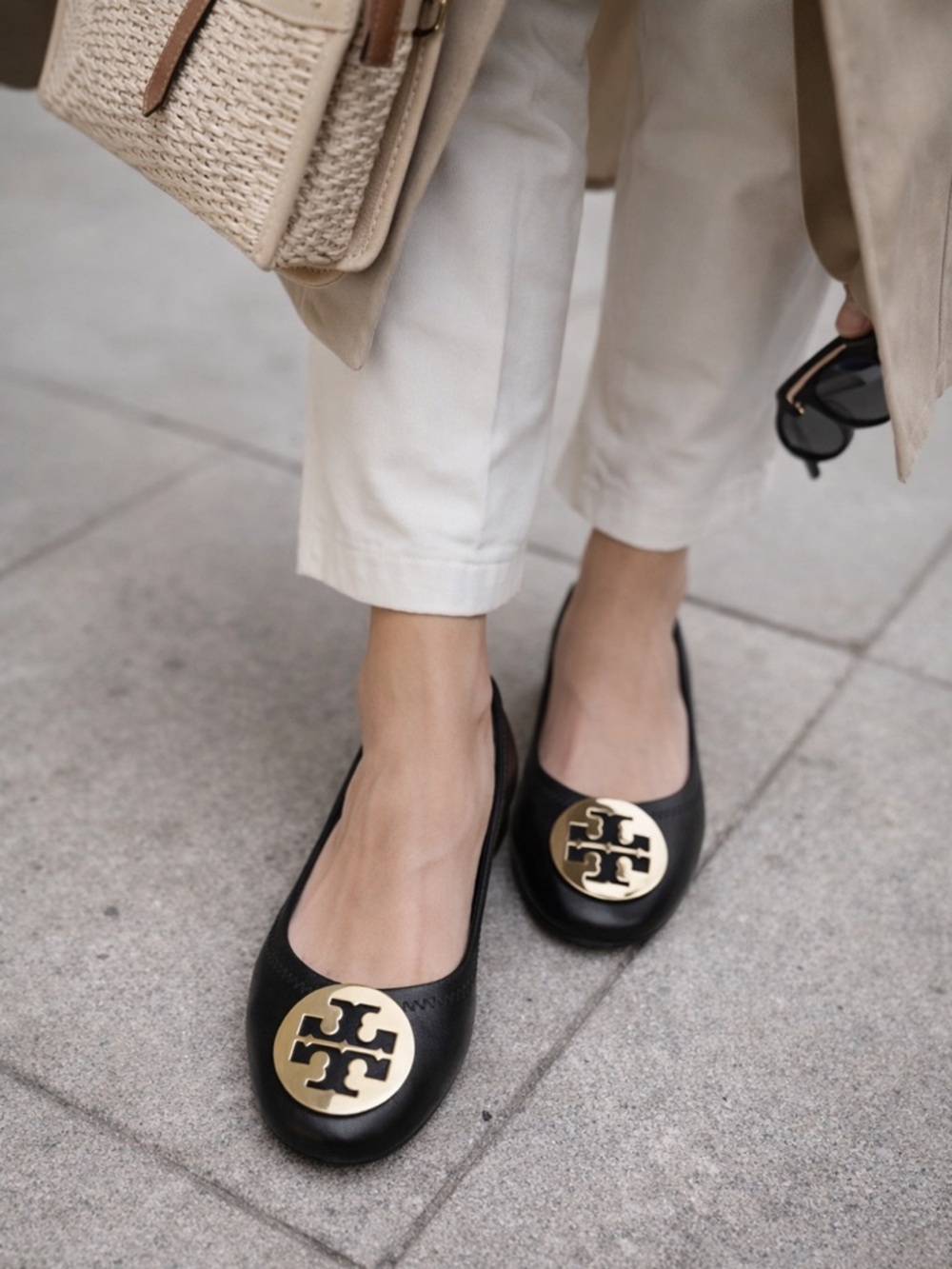 Tory Burch Minnie Travel Leather Ballet Flats Black/Gold Size 7.5